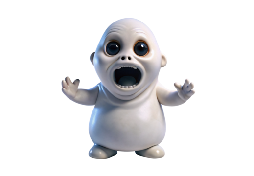 Cartoon ghost character with large eyes and open mouth expressing surprise, isolated on a transparent background