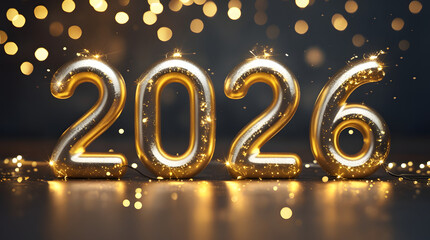 Luxurious golden &ldquo;2026&rdquo; with glowing bokeh and festive sparkles, creating an elegant New Year celebration look perfect for holiday marketing, event promotions, and social media visuals.