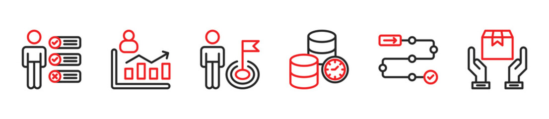 Icons of Check, Success, Goal Attainment, Actionable Data, Project Roadmap, Project Delivery. Vector Illustration