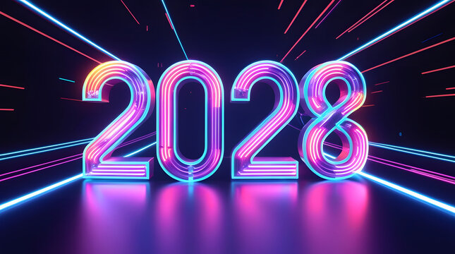 “2028” in futuristic neon typography, cyber-style glow, vibrant colors, light trails, clean dark background, modern tech aesthetic, perfect for digital ads, tech promos, event announcements