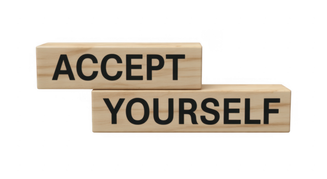 Two wooden blocks with text accept yourself isolated on a transparent background - Powered by Adobe