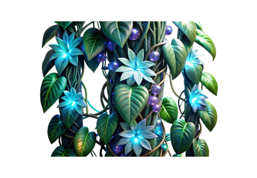 Mystical vines with glowing leaves berries and luminescent botanical elements, isolated on a transparent background