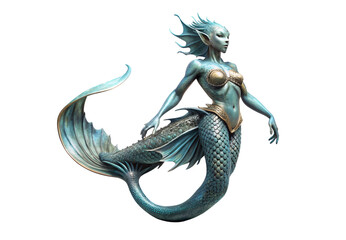 Elegant mermaid with blue scales tail fins and decorative armor, isolated on a transparent background