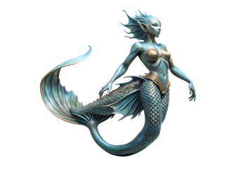 Elegant mermaid with blue scales tail fins and decorative armor, isolated on a transparent background