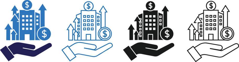 Investment, finance, growth, support, economy, business, dollar, building, hand, arrow, icon, money, success, upward, profit, development, financial, symbol, wealth, opportunity