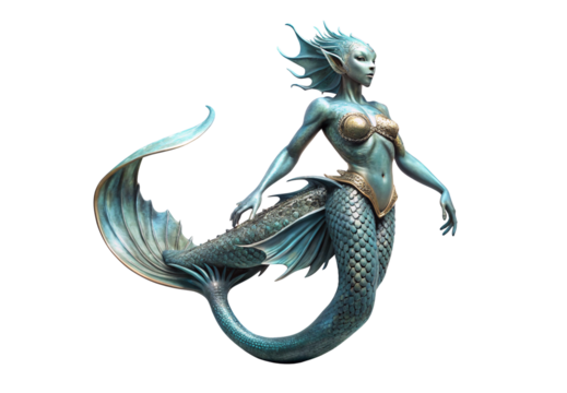Elegant mermaid with blue scales tail fins and decorative armor, isolated on a transparent background