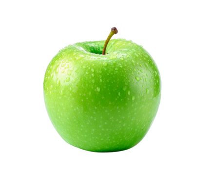 fresh granny smith apple with water droplets on transparent background.
