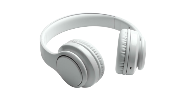 Sleek white headphones angled on a black background, facing left