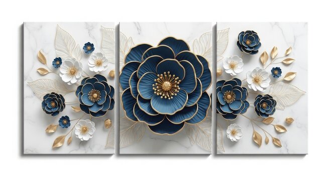 Elegant 3d floral art triptych blue white flowers gold leaves on a marble background, isolated on white background