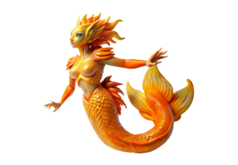 Orange fire mermaid with flowing hair, scaled tail, fins, and fantasy aquatic features, isolated on a transparent background