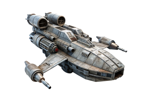 Weathered space fighter craft with twin engines, cannons, and battle-worn gray metallic hull, isolated on a transparent background