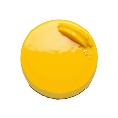 Elegant mango mousse cake overhead presentation on pristine white background