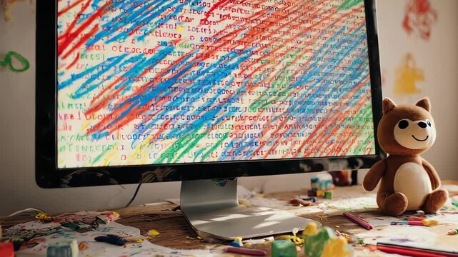 A messy desk with a computer displaying a scribbled pattern, and toys