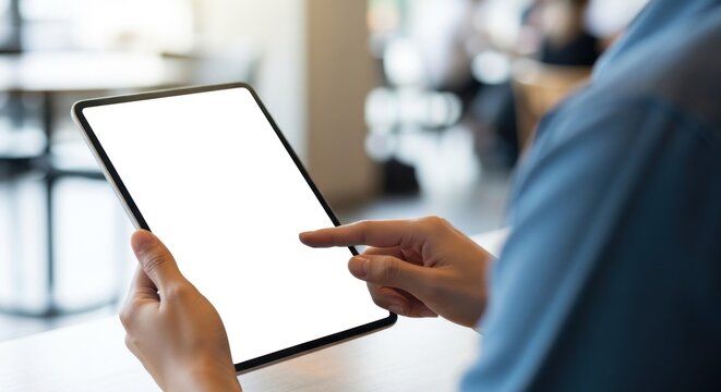 A person holding a tablet with a blank screen. - Powered by Adobe