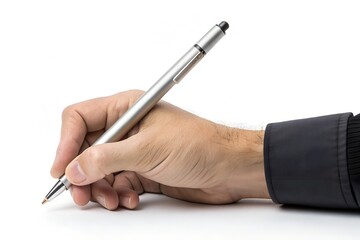 male hand holding a stylus pen on pure white background realistic studio photo. 