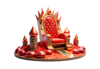 Ornate red and gold throne on platform with spikes, crystals, towers, and decorative elements, isolated on a transparent background