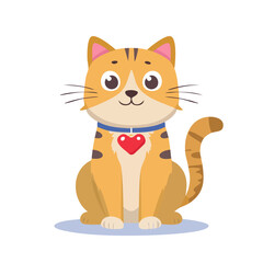 Obraz premium Cartoon orange tabby cat with blue collar and red heart pendant sitting.