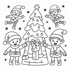 Cute cartoon elves and christmas tree coloring page with presents, snowflakes, outline drawing isolated on white background, Vector, illustration