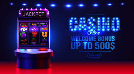 Vibrant online casino banner with slot machine, neon lights, and welcome bonus offer.