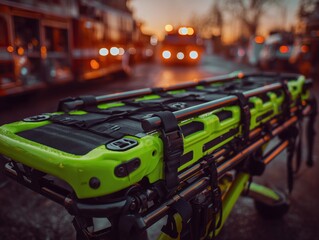 Emergency medical stretcher with bright green cover positioned in foreground, blurred ambulances in background during sunset, capturing urgent scene