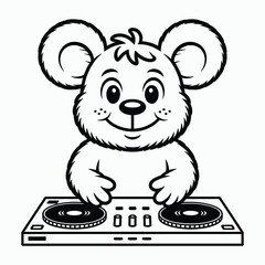 Cute cartoon white bear cub djing on a turntable with a happy expression, isolated isolated on white background, Vector, illustration
