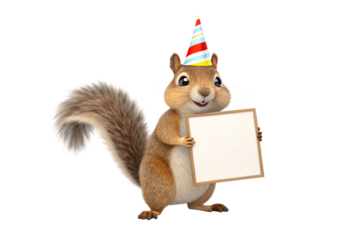 Brown squirrel wearing striped party hat holding blank white framed sign with bushy tail, isolated on a transparent background