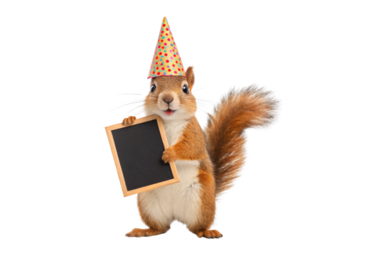 Red squirrel with polka dot party hat holding small blank chalkboard sign upright, isolated on a transparent background