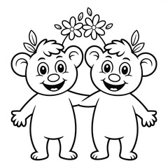 Cute cartoon koala bears holding hands with flowers, outline illustration for kids isolated on white background, Vector, illustration