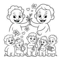 Joyful children's band plays music and shares plant sprig with smiles and flowers isolated on white background, Vector, illustration