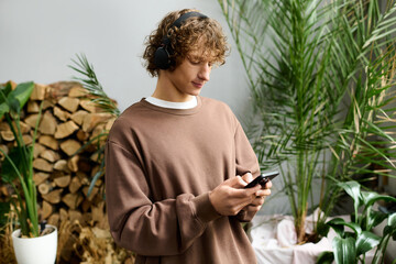 Young creative man enjoying music while scrolling through his smartphone surrounded by greenery