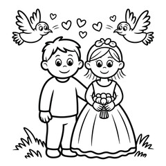 Wedding illustration of a happy couple with doves and hearts, stylized cartoon art. isolated on white background, Vector, illustration