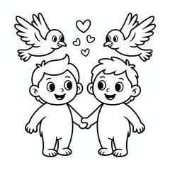 Cute cartoon children holding hands with birds and hearts, symbolizing love and friendship isolated on white background, Vector, illustration