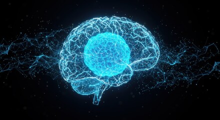 Glowing digital representation of a human cerebrum structure dissipating into particles