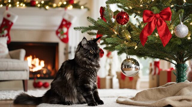 Fluffy Maine Coon cat sits under decorated Christmas tree near silver bauble. Cozy holiday scene with fireplace background creates festive mood. Ideal for greeting cards.