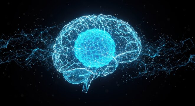 Glowing digital representation of a human cerebrum structure dissipating into particles