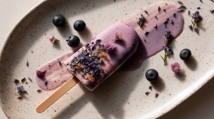 Lavender blueberry popsicle rests on a plate with a scoop of ice cream, garnished with edible flowers and fresh berries, showcasing delightful dessert aesthetics