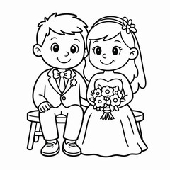 Cute cartoon bride and groom sitting together on a bench, black and white outline drawing isolated on white background, Vector, illustration