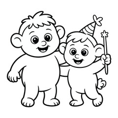 Two cartoon babies smiling and celebrating, one wearing a party hat and holding a wand isolated on white background, Vector, illustration