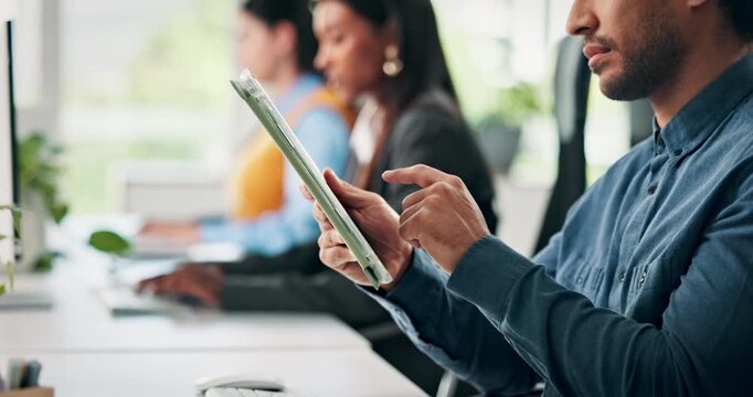 Hands, tablet and business man with research, scroll email or schedule post for campaign in office. Technology, social media marketer and person in workplace to review ads, online update or coworking
