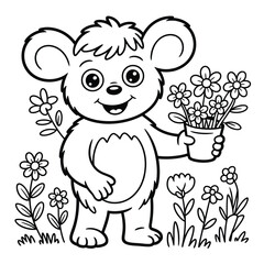 Cute teddy bear character holding a potted plant with flowers, line art illustration isolated on white background, Vector, illustration