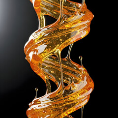Viscous golden liquid cascades and twists in a mesmerizing spiral against a dark background