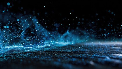 Abstract digital art shows luminous blue particles floating on a dark, textured surface