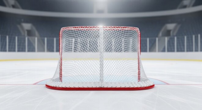 Empty hockey rink with a red and white goal net in the center.