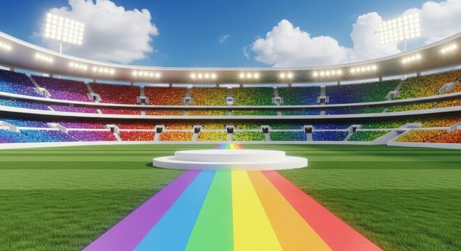 Modern sports arena rainbowcolored spectator seats a pride flag pathway on the green field - Powered by Adobe