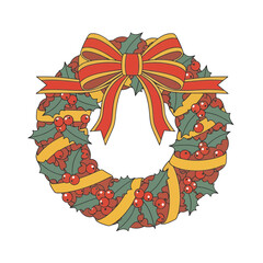 Festive Christmas wreath with holly berries and a red ribbon bow, perfect for holiday greetings and seasonal decorations, spreading joy and cheer