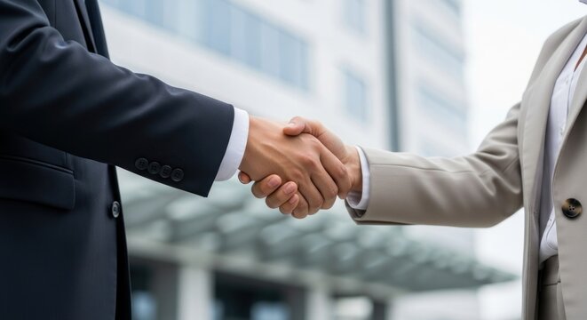 Two business professionals shaking hands in front of an office building. - Powered by Adobe