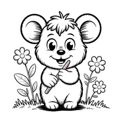 Happy cartoon bear cub holding a paintbrush amidst flowers and grass in outline style isolated on white background, Vector, illustration