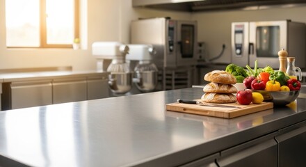 A stainless steel kitchen counter with a cutting board and fresh vegetables in a commercial kitchen.