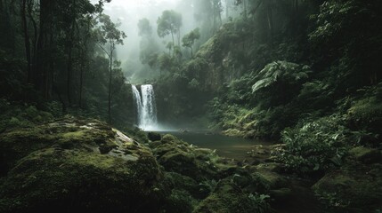 Waterfall in rainforest, misty green atmosphere.