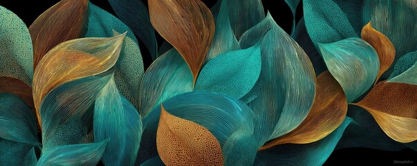 Abstract digital artwork featuring overlapping teal and gold leaf shapes against black